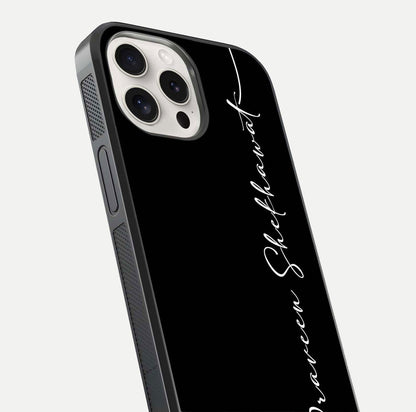 Black Tune Custom Name Glass Case for iPhone 15 Pro Max close-up shot highlighting sleek monochrome design and reflection