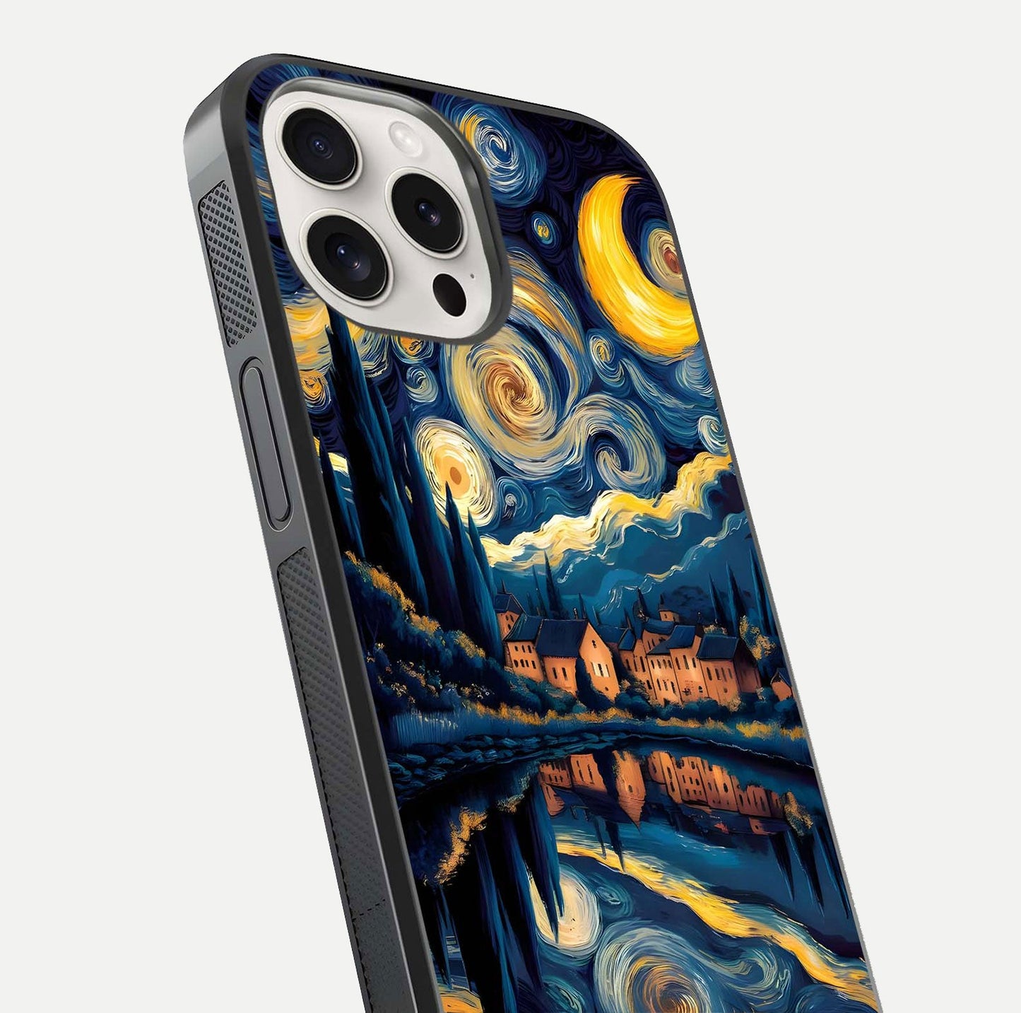 Starry Sky Serenity Glass Case for iPhone 15 Pro Max close-up angled shot highlighting light reflection and blue hues