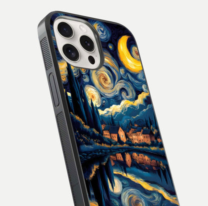 Starry Sky Serenity Glass Case for iPhone 15 Pro Max close-up angled shot highlighting light reflection and blue hues