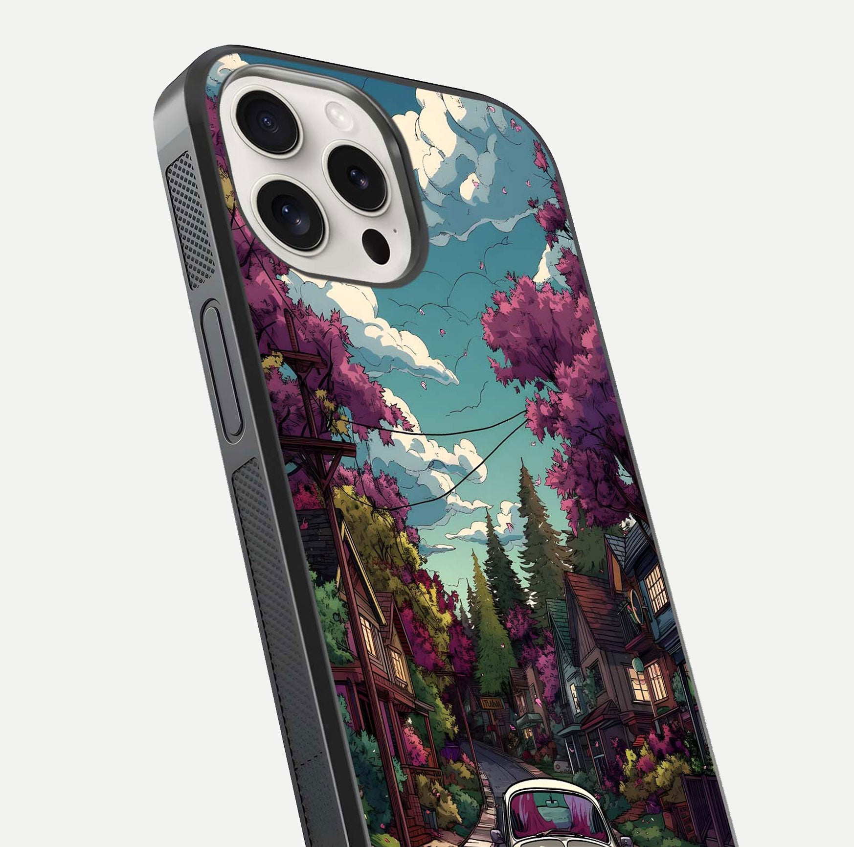 Vintage Street Drive Glass Case for iPhone 15 Pro Max close-up angled shot highlighting vintage tones and reflection