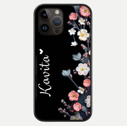 Black Elegance Floral Custom Name Glass Case For iPhone 14 Pro Max by Custom World