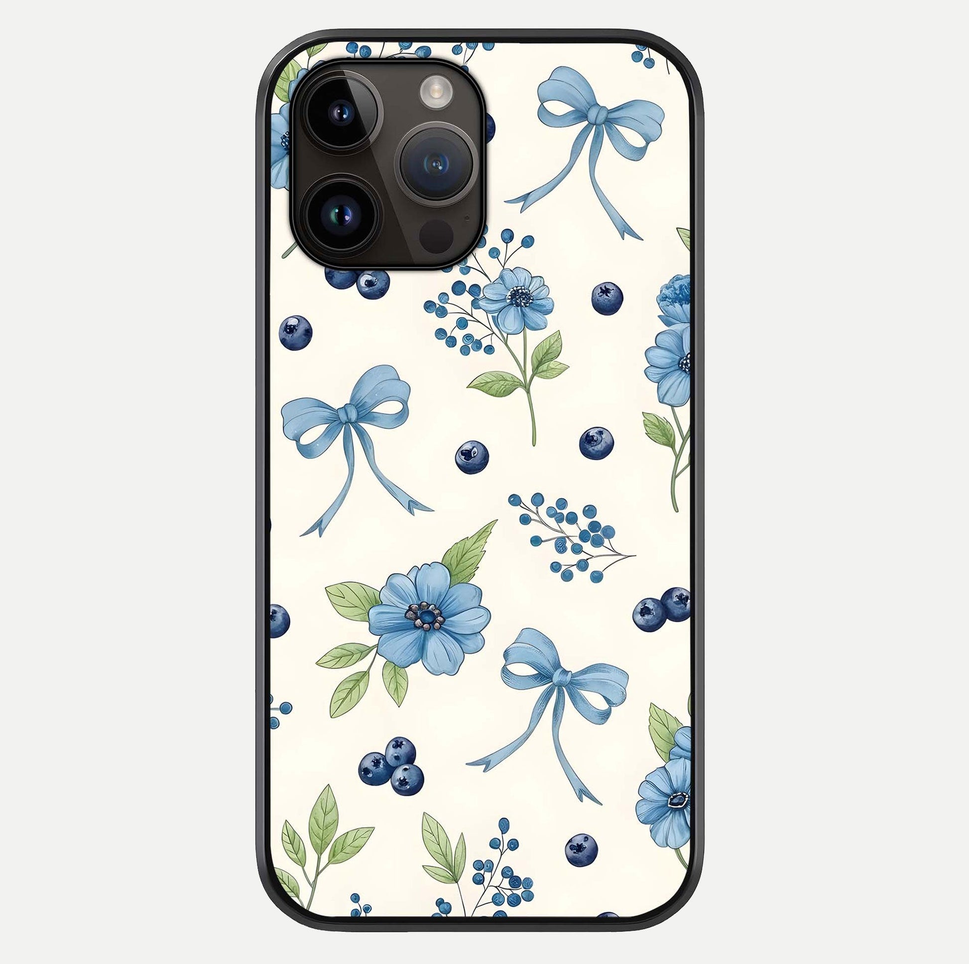 Blue Flower & Bow Glass Case For iPhone 14 Pro Max by Custom World