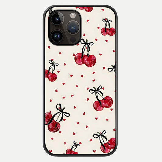 Cherry Heart Bow Glass Case For iPhone 14 Pro Max by Custom World