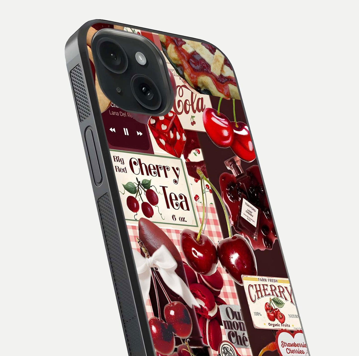 Aesthetic Cherry Tea Glass Case for iPhone 15 close-up angled shot showing detailed cherry artwork, red tones, and gloss reflection