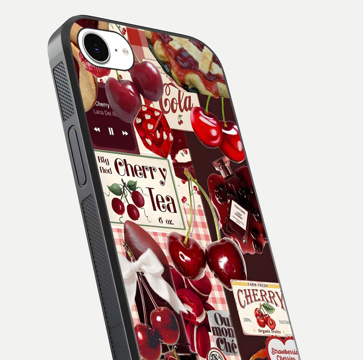 Aesthetic Cherry Tea Glass Case for iPhone 16e close-up angled shot showing detailed cherry artwork, red tones, and gloss reflection