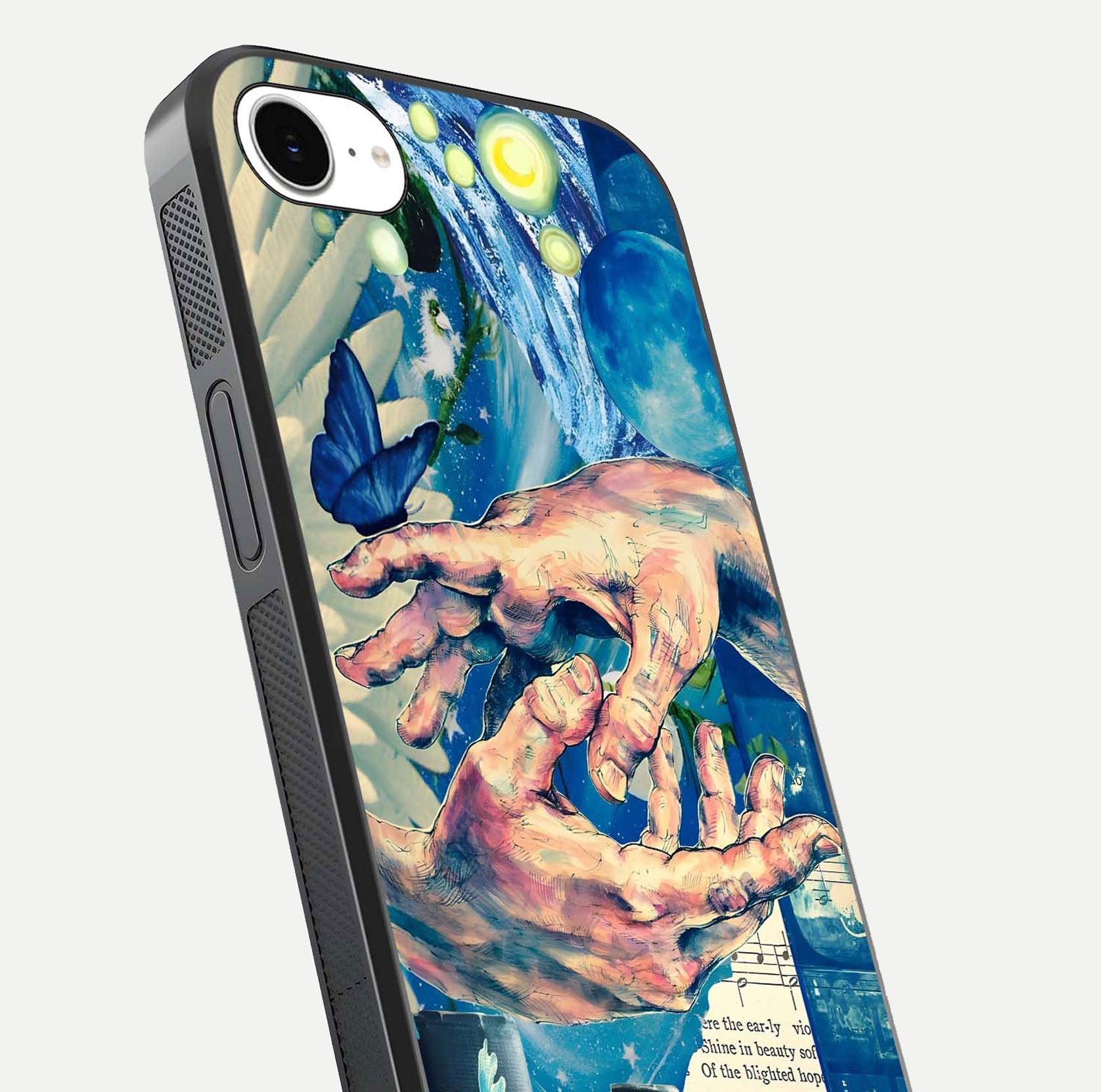 Aesthetic Divider Glass Case for iPhone 16e close-up angled shot showing detailed divider artwork and gloss reflection