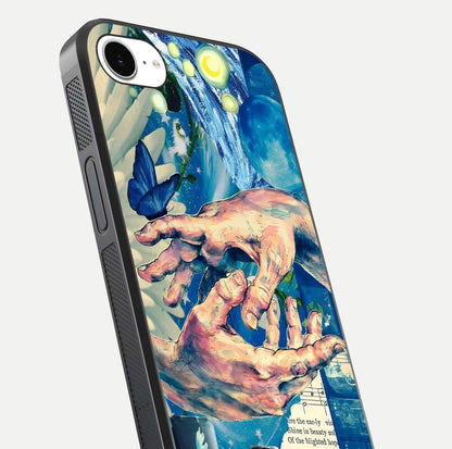 Aesthetic Divider Glass Case for iPhone 16e close-up angled shot showing detailed divider artwork and gloss reflection