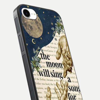 Aesthetic Divine Glass Case for iPhone 16e close-up angled shot showing detailed divine artwork and gloss reflection