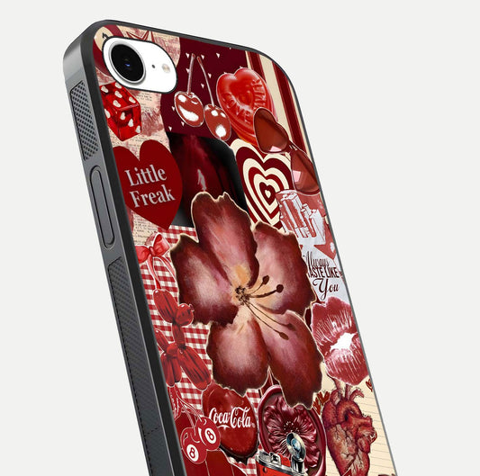 Aesthetic Little Freak Glass Case for iPhone 16e close-up angled shot showing detailed artwork, bold design, and gloss reflection