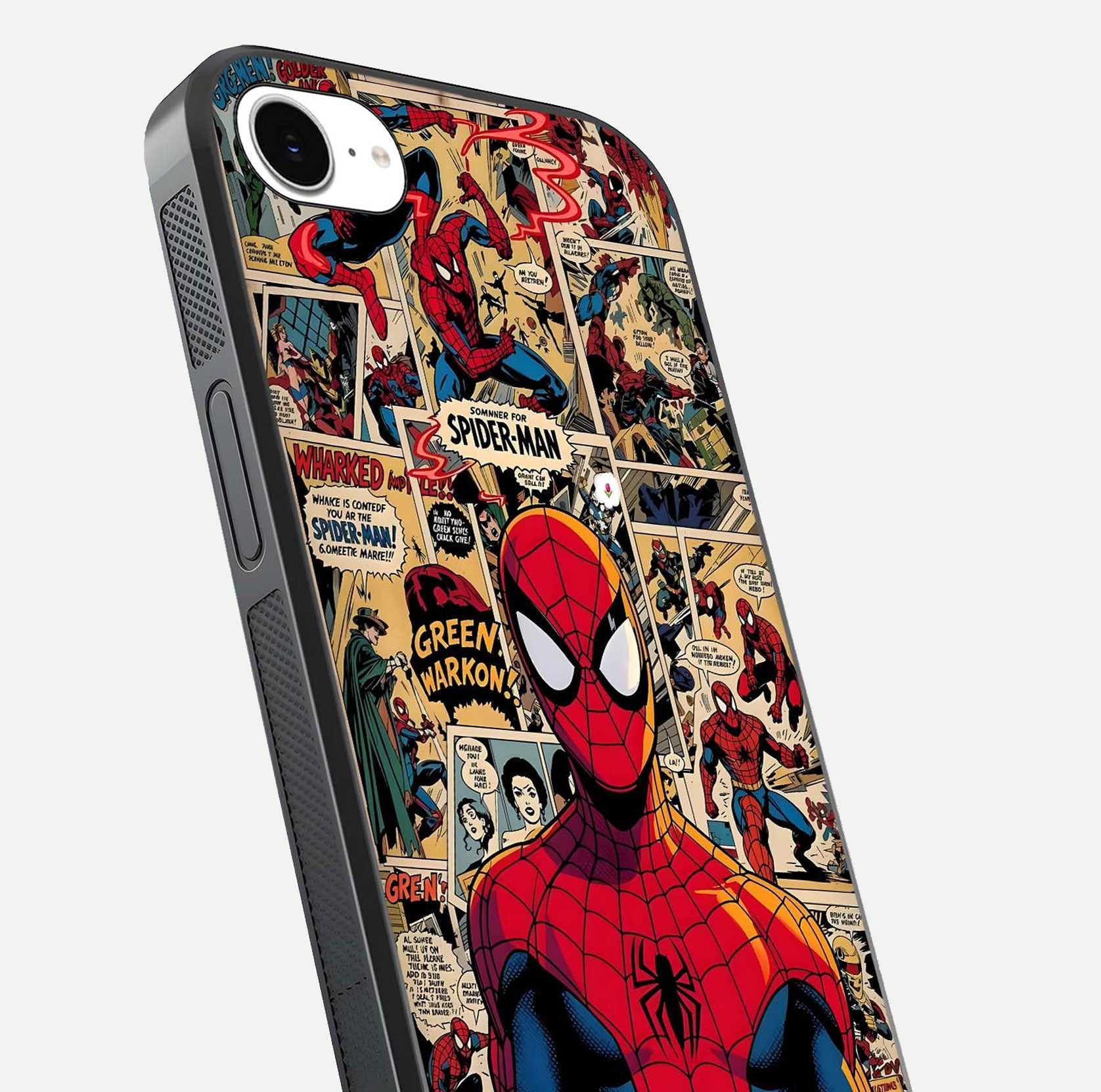 Aesthetic Spider Man Glass Case for iPhone 16e close-up angled shot showing detailed Spider-Man artwork and gloss reflection