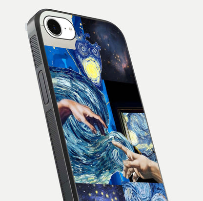Aesthetic Vando Hands Glass Case for iPhone 16e close-up angle showing fine detailing of hand artwork and glass reflection