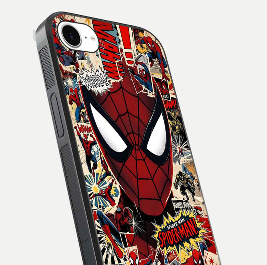 Aesthetic Wonder Spider Glass Case for iPhone 16e angled close-up highlighting spider web detail and vibrant color gloss