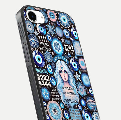 Angel Aura Shield Glass Case for iPhone 16e close-up view capturing aura glow, metallic tones, and shine texture