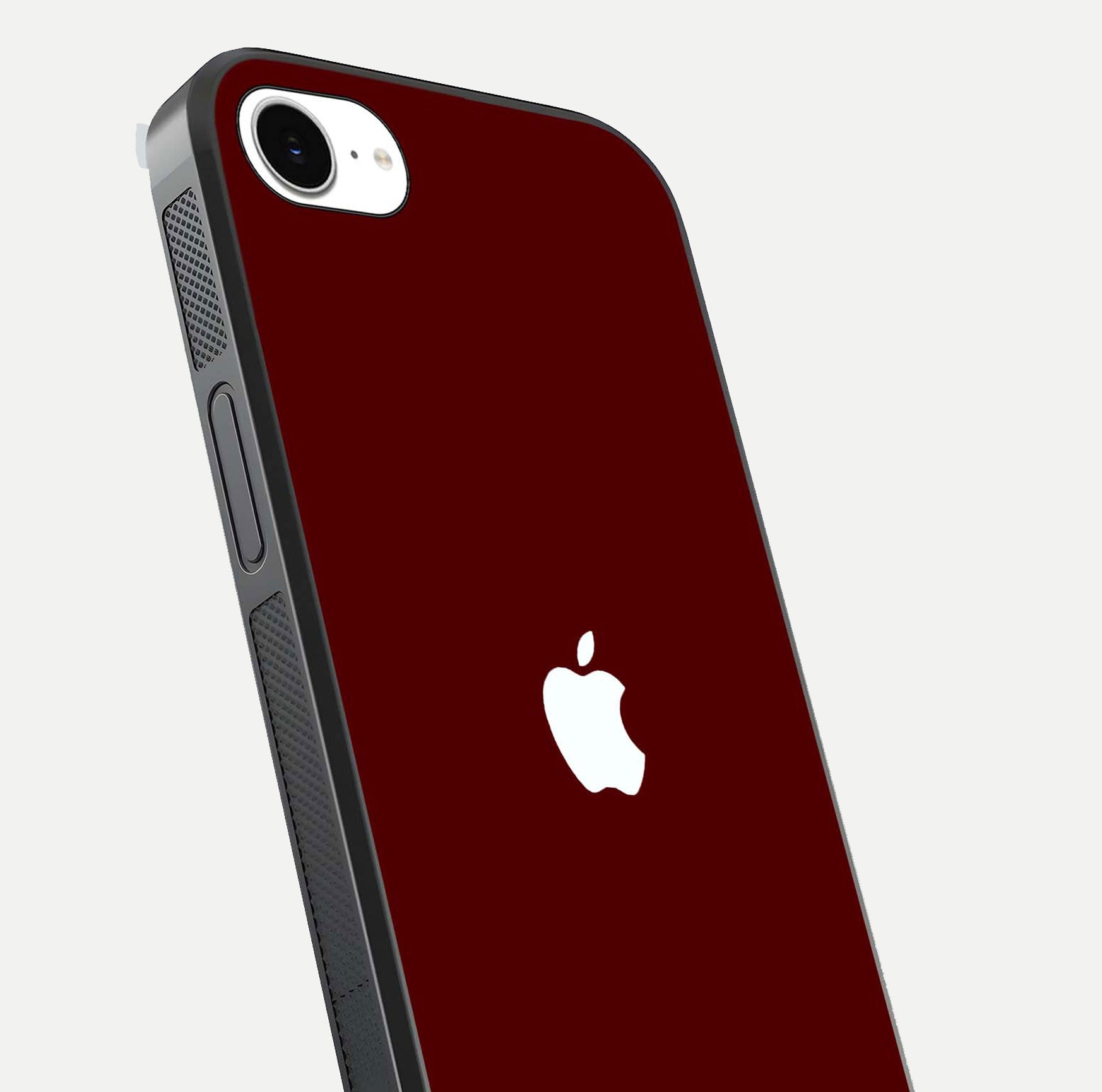 Apple Crimson Core Glass Case for iPhone 16e close-up angle showing deep crimson tone and HD glass reflection