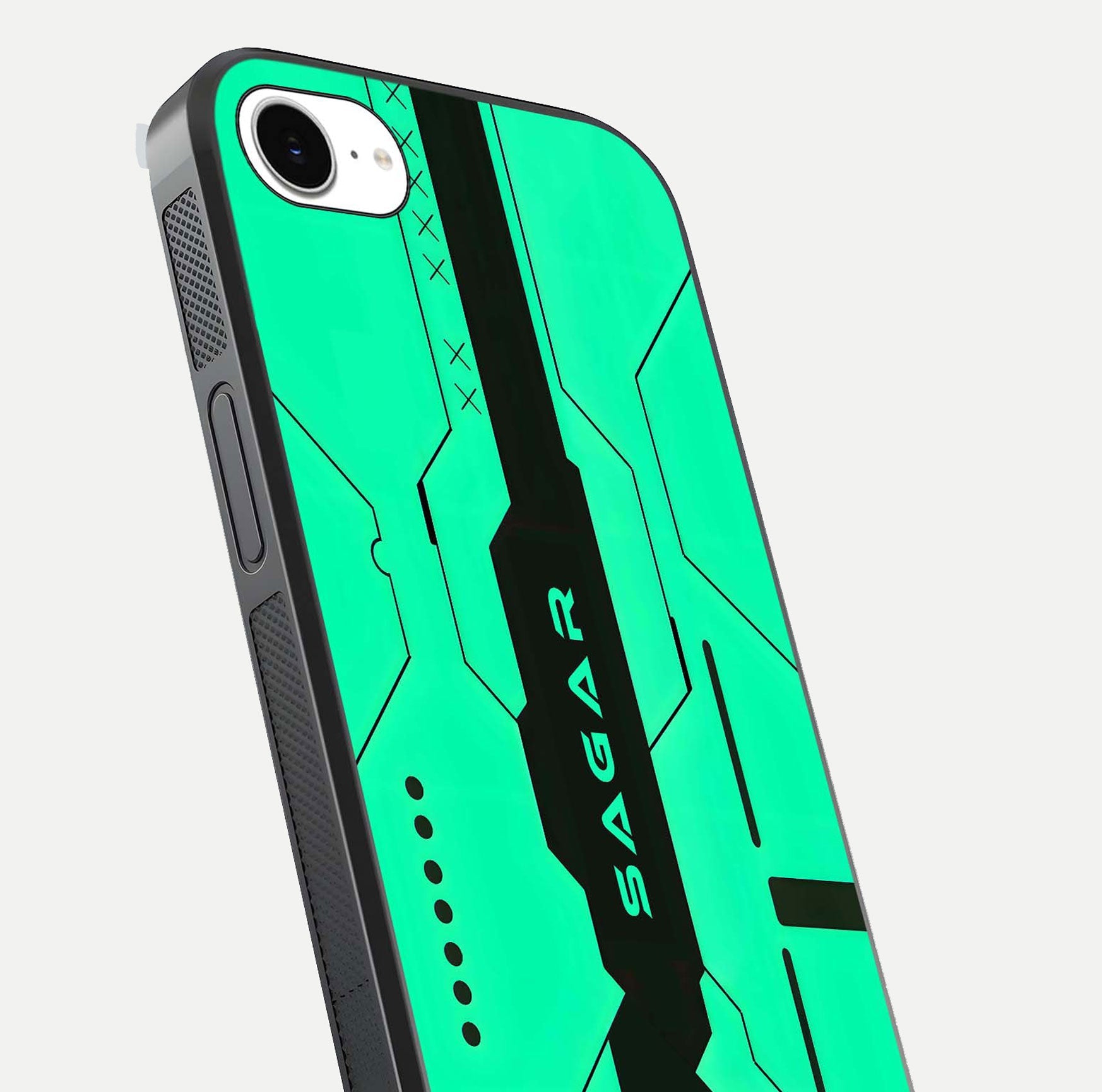 Aqua Tech CYBERPUNK Custom Name Glass Case for iPhone 16e close-up angle showing futuristic blue lights and reflections