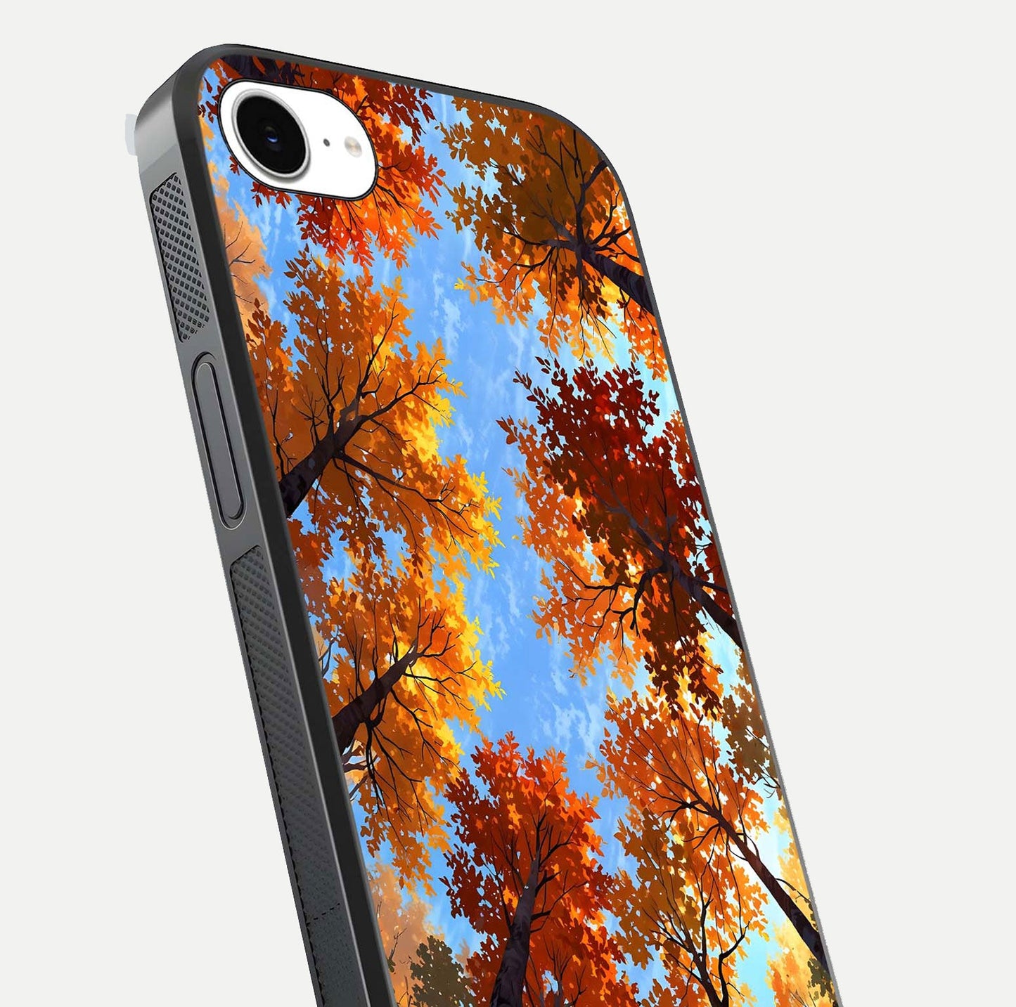 Autumn Sky Rise Glass Case for iPhone 16e close-up shot of autumn tone details and HD shine reflection
