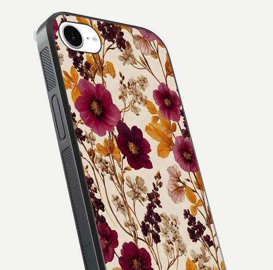 Autumn Wine Bloom Glass Case for iPhone 16e close-up highlighting petal detail and gloss reflection
