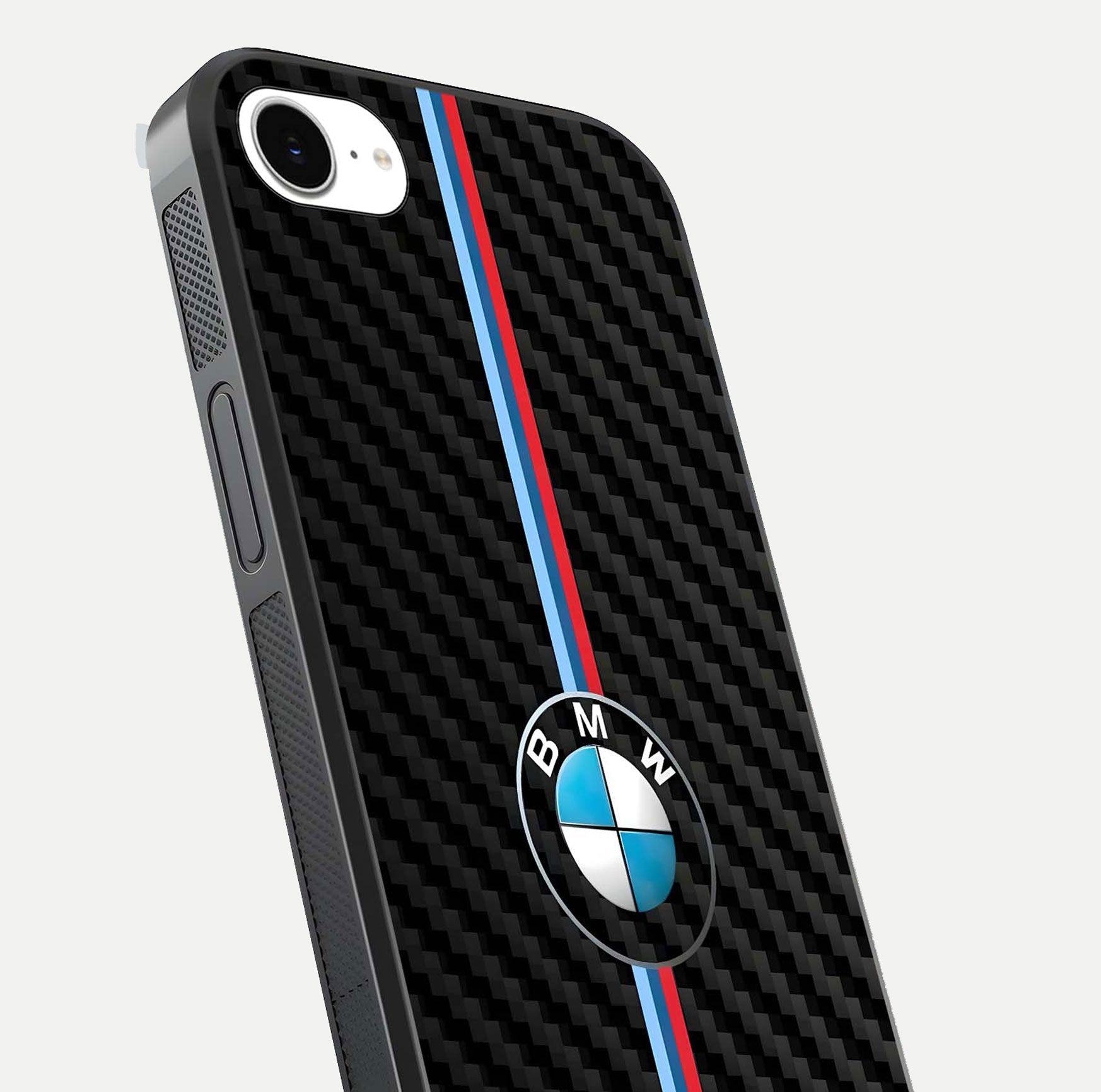 BMW Pattern Glass Case for iPhone 16e close-up angle showing BMW logo detailing and high-reflect gloss texture