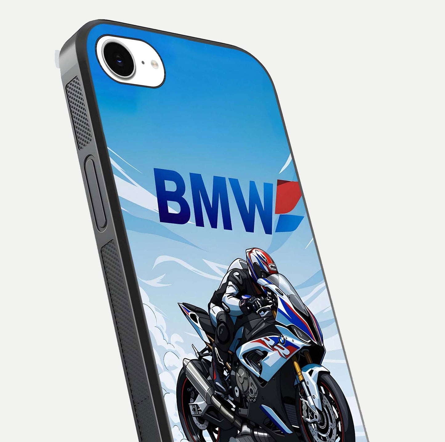 BMW Power Drift Glass Case for iPhone 16e close-up view highlighting motion streaks and gloss shine