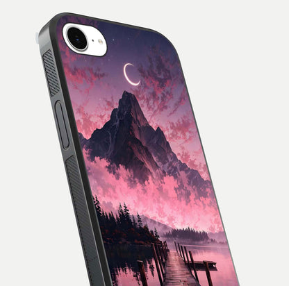 Beautyful Mountain View Glass Case for iPhone 16e close-up angle highlighting landscape details and shine