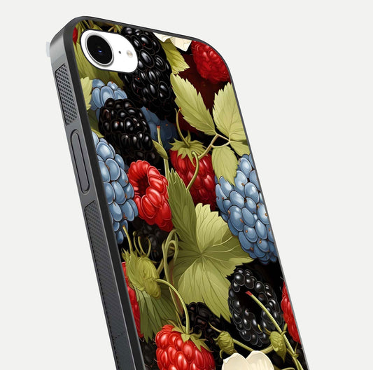 Berry Bloom Charm Glass Case for iPhone 16e close-up view highlighting berry color tones and fine petal detailing