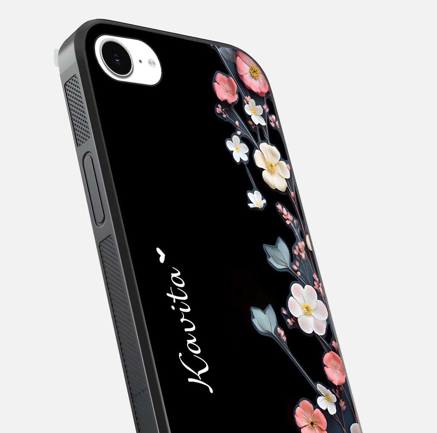 Black Elegance Floral Custom Name Glass Case for iPhone 16e close-up shot showing rose detailing and elegant reflection