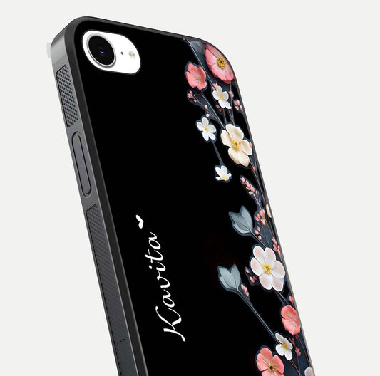 Black Elegance Floral Custom Name Glass Case for iPhone 16e close-up shot showing rose detailing and elegant reflection
