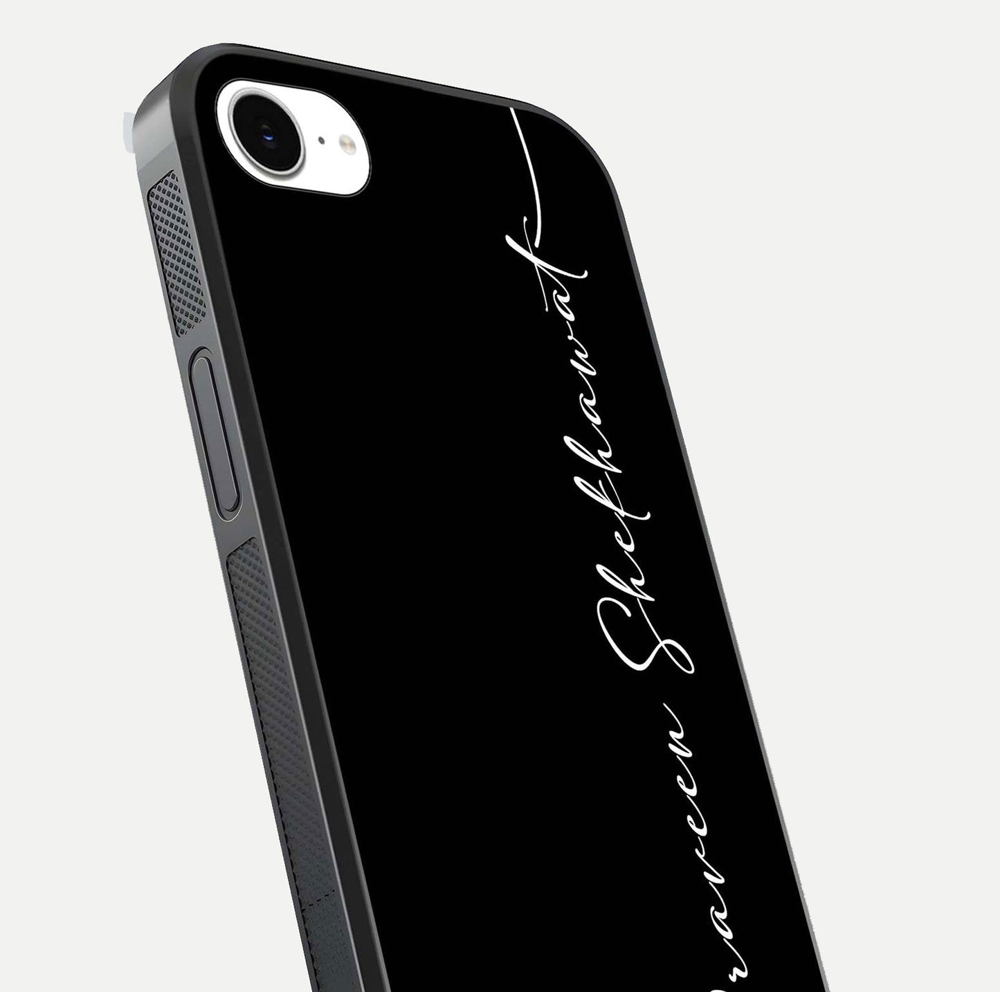 Black Tune Custom Name Glass Case for iPhone 16e close-up shot highlighting sleek monochrome design and reflection