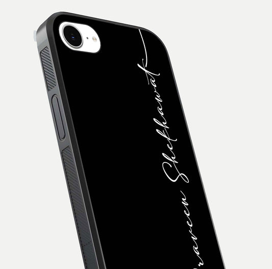 Black Tune Custom Name Glass Case for iPhone 16e close-up shot highlighting sleek monochrome design and reflection