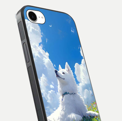 Blissful Cloud Pup Glass Case for iPhone 16e close-up image highlighting puppy details and glossy reflection