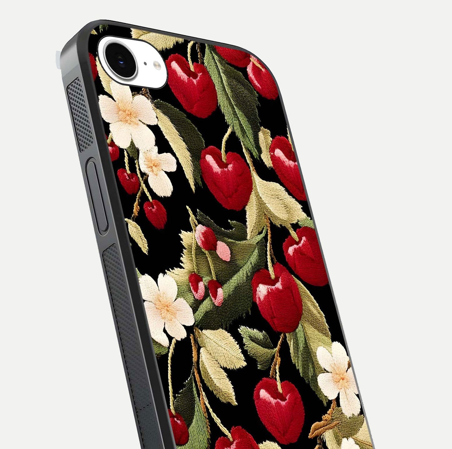 Bloom Thread Art Glass Case for iPhone 16e close-up view highlighting fine line details and glossy shine