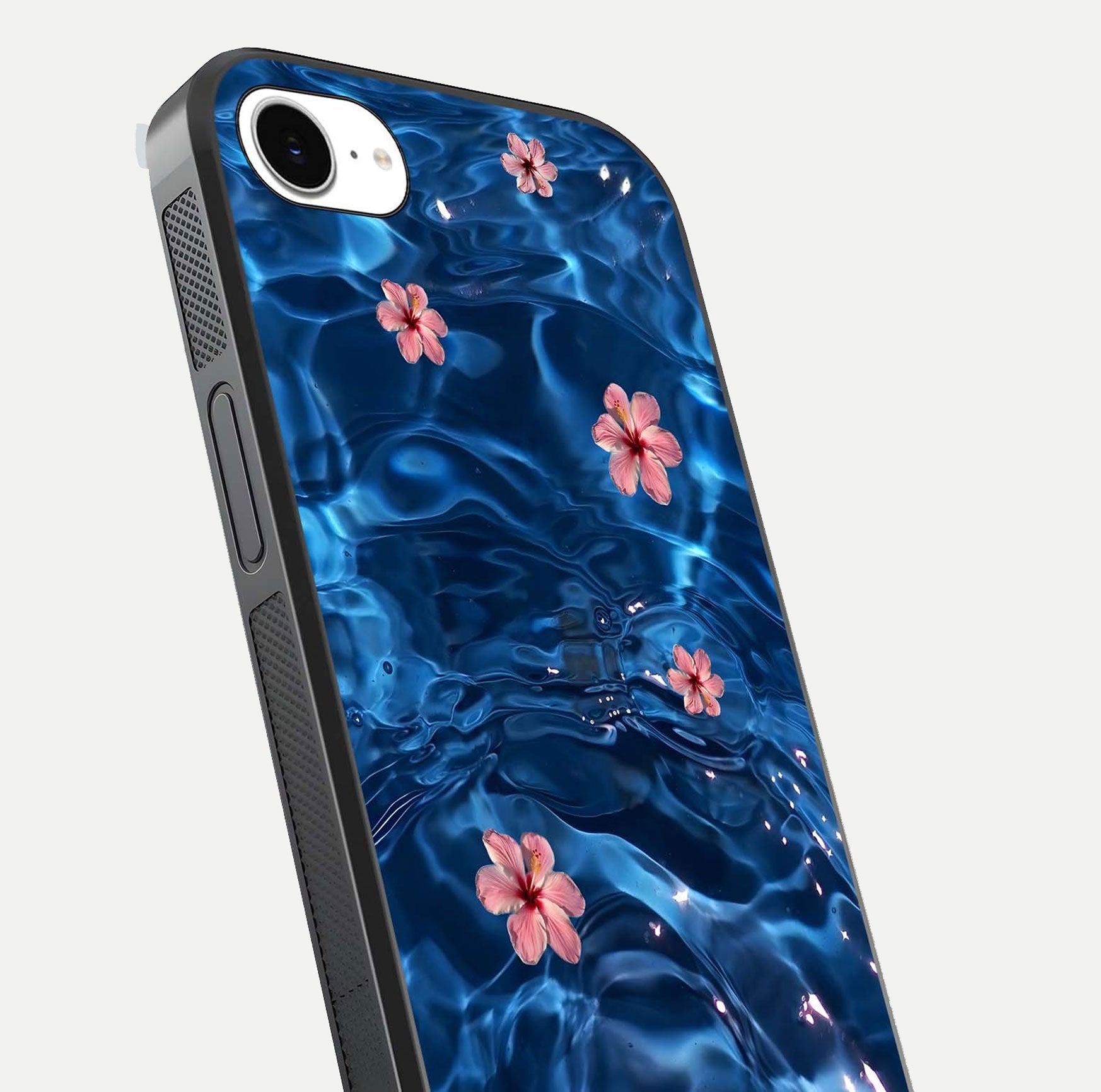 Blooming Water Drift Glass Case for iPhone 16e close-up angle showing petal details, soft aqua tones, and smooth gloss reflection