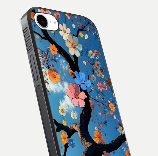 Blossom Dream Sky Glass Case for iPhone 16e close-up shot highlighting dreamlike clouds and pink blossoms