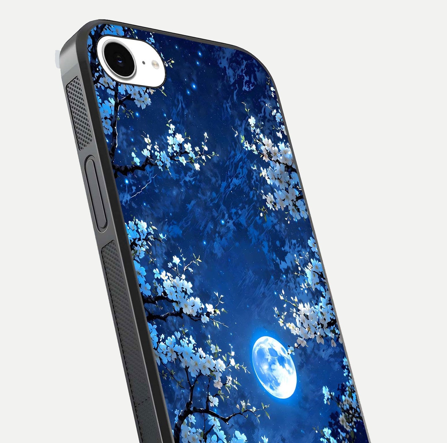 Blossom Moonlight Sky Glass Case for iPhone 16e close-up angle capturing moon glow and flower detail reflections