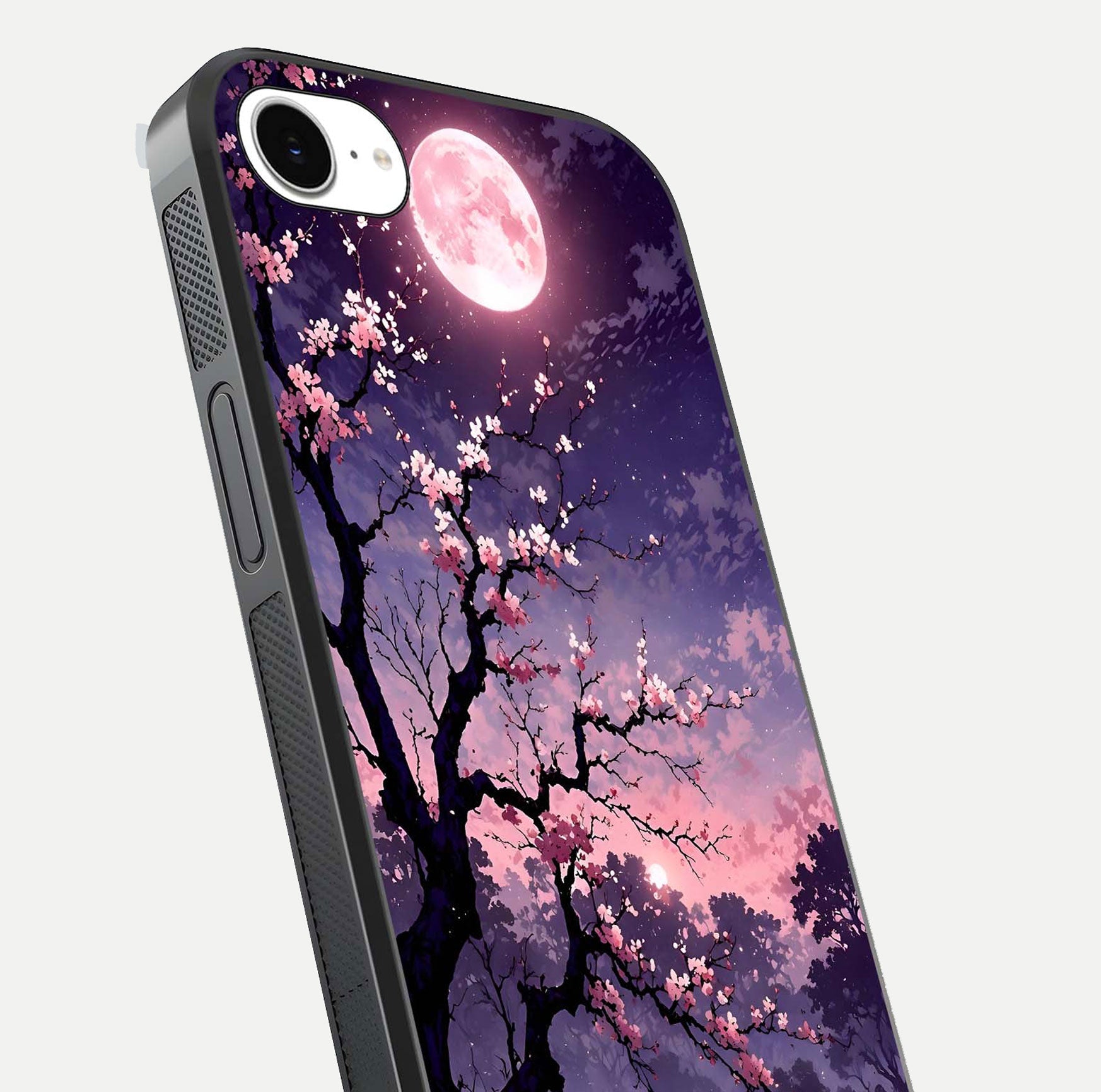 Blossom Pink Moon Glass Case for iPhone 16e close-up shot showing pink tones, moon highlight, and reflection gloss