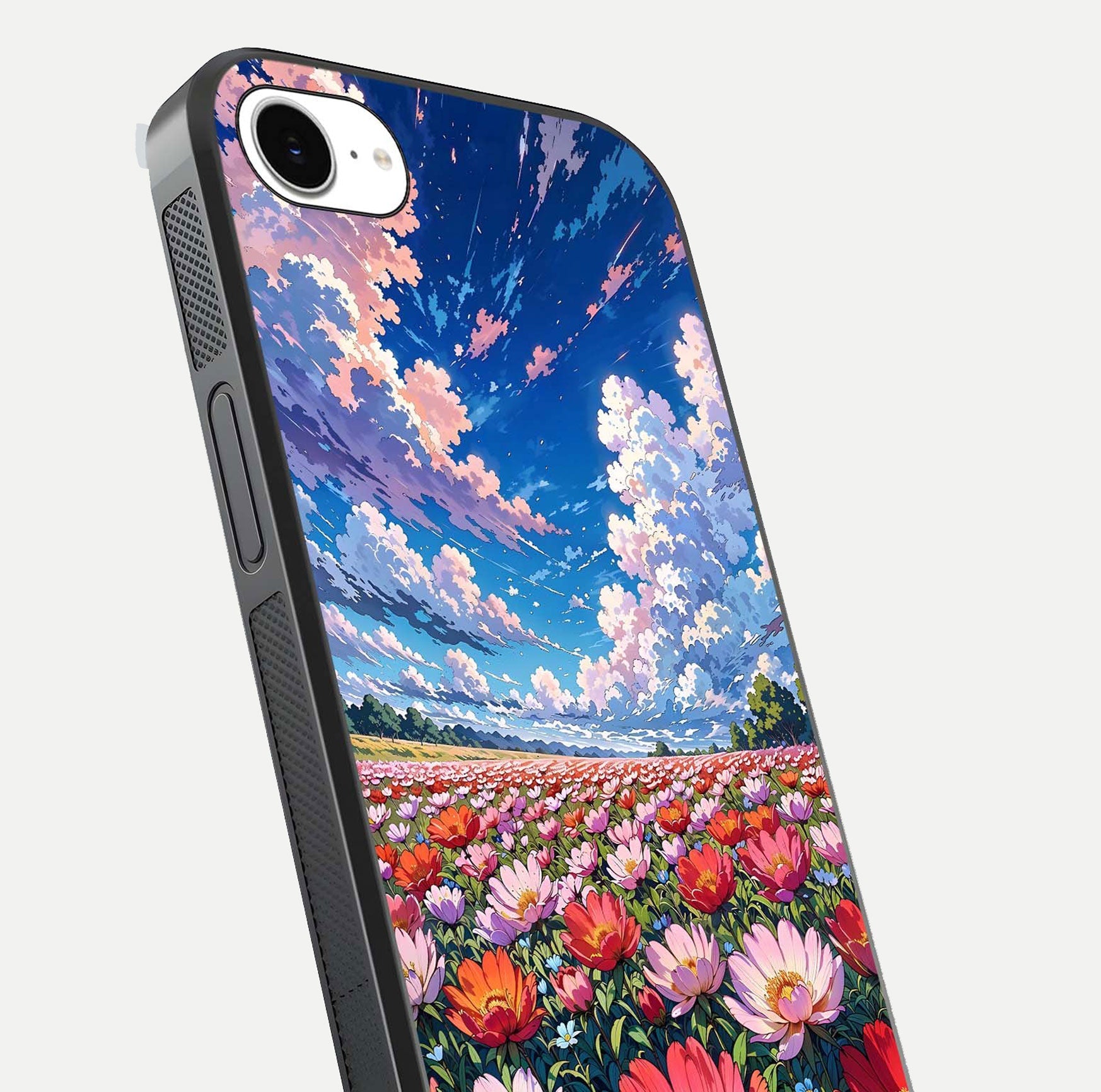 Blossom Sky Field Glass Case for iPhone 16e close-up image showing petal patterns and subtle sky gradient