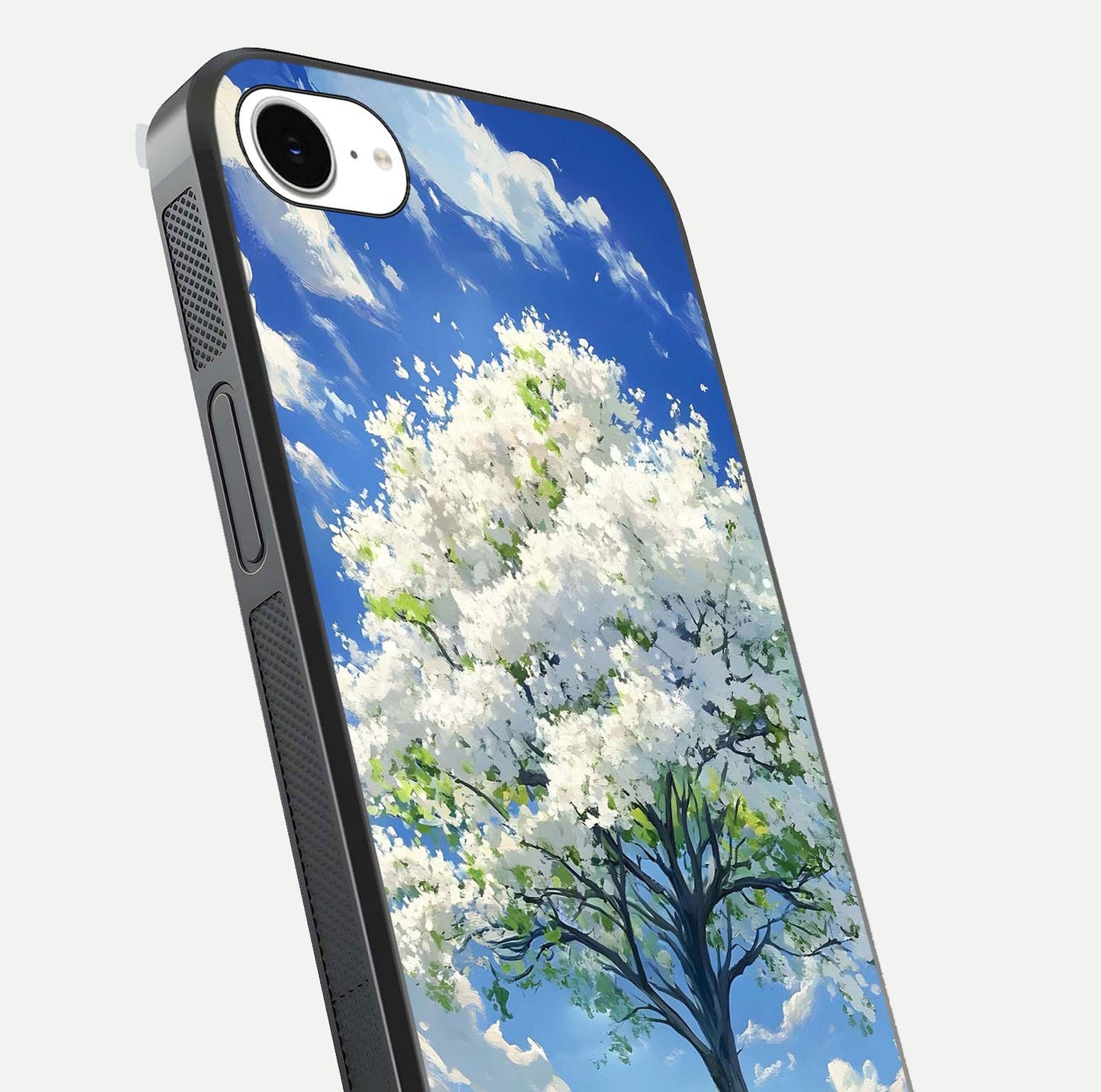 Blossom Sky Serenity Glass Case for iPhone 16e close-up highlighting calming flower details and reflection gloss