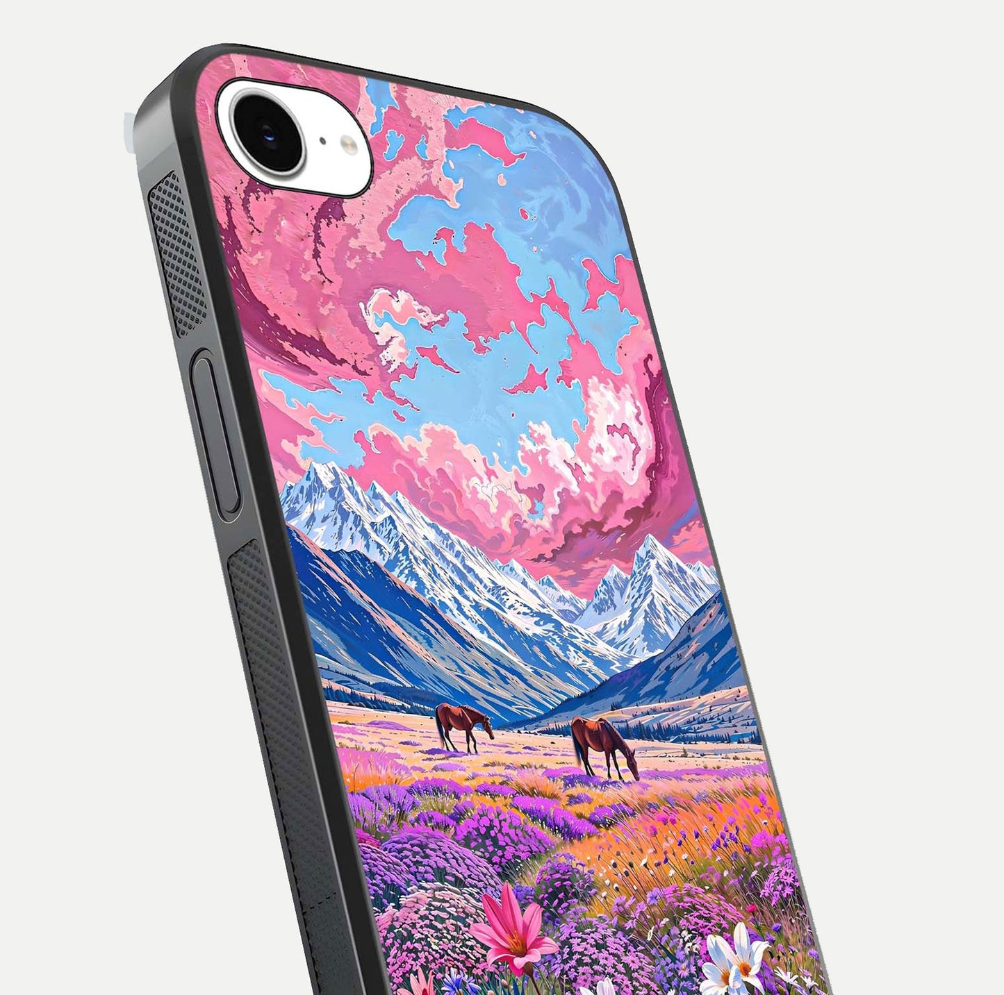 Blossom Valley Dream Glass Case for iPhone 16e close-up view showing detailed flower print and pastel hues