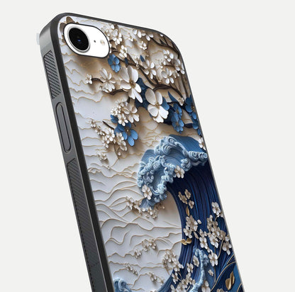 Blossom Wave Art Glass Case for iPhone 16e close-up shot highlighting wave motion in floral art and reflection