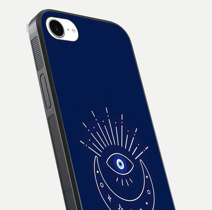 Blue Evil Eye Glass Case for iPhone 16e close-up shot highlighting eye motif, protection symbol, and glass shine