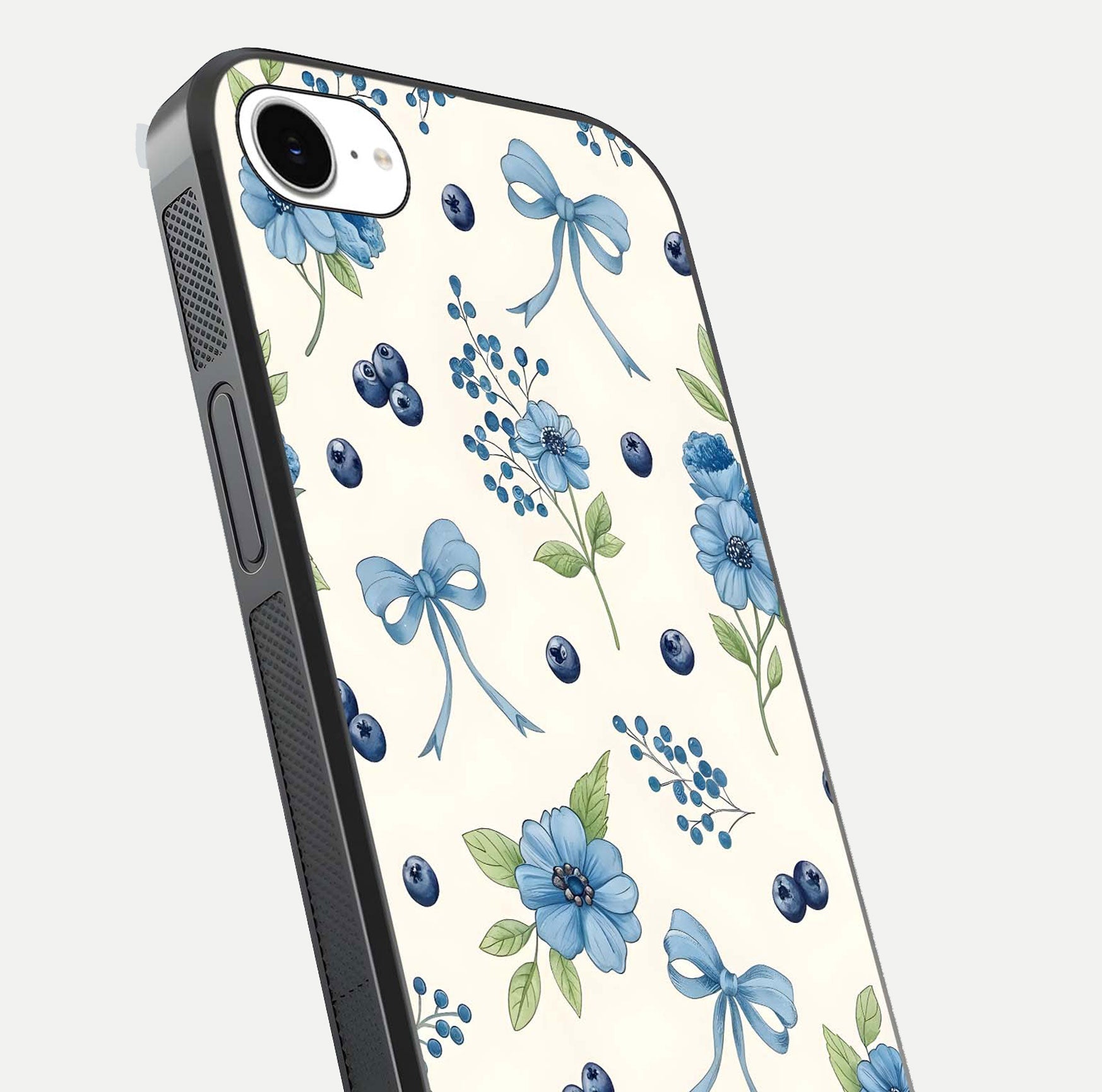 Blue Flower & Bow Glass Case for iPhone 16e close-up shot highlighting ribbon detail and flower gloss finish