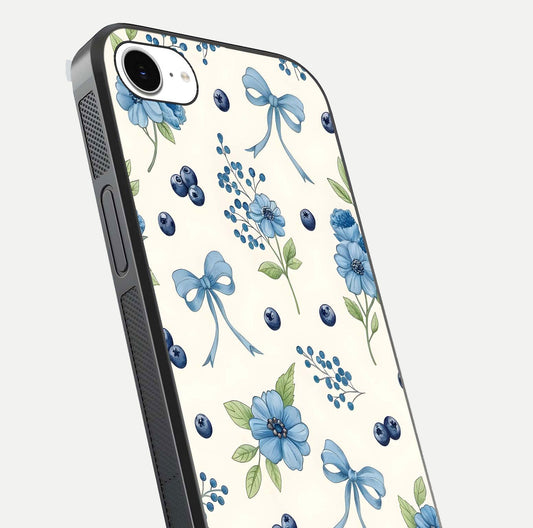 Blue Flower & Bow Glass Case for iPhone 16e close-up shot highlighting ribbon detail and flower gloss finish