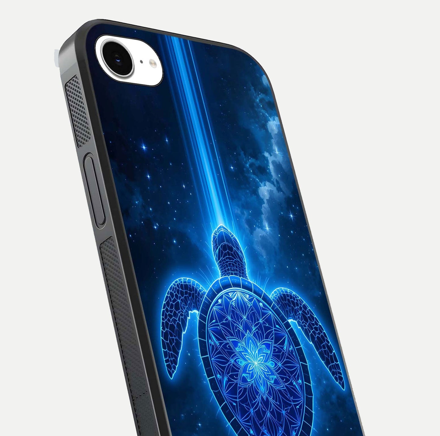 Blue Galaxy Turtle Glass Case for iPhone 16e close-up image showing turtle shell detail and glowing galaxy tones