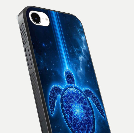Blue Galaxy Turtle Glass Case for iPhone 16e close-up image showing turtle shell detail and glowing galaxy tones