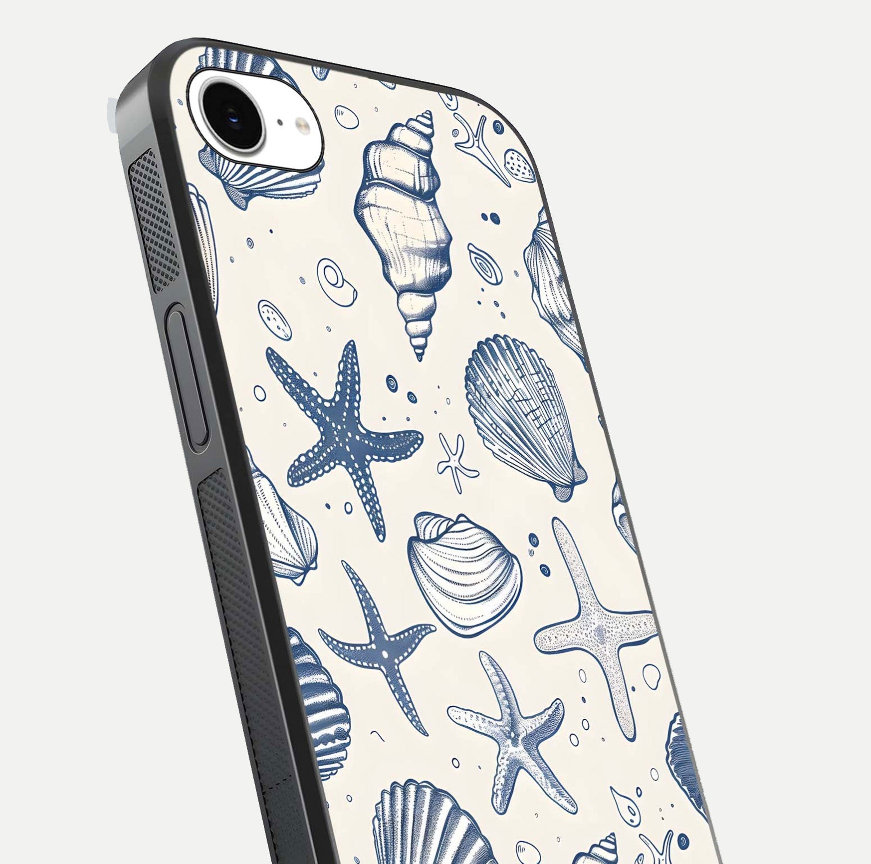 Blue Ocean Outline Glass Case for iPhone 16e close-up shot highlighting line art details and reflection texture