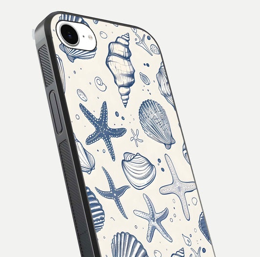 Blue Ocean Outline Glass Case for iPhone 16e close-up shot highlighting line art details and reflection texture