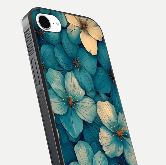 Blue Shade Floral Glass Case for iPhone 16e close-up angle showing flower print precision and reflection