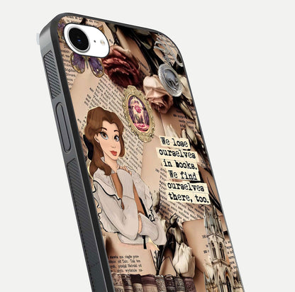 Bookish Dream World Glass Case for iPhone 16e close-up shot highlighting book elements and reflection gloss