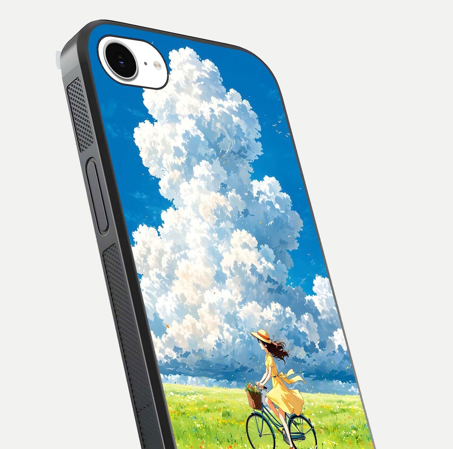 Breezy Meadow Ride Glass Case for iPhone 16e close-up shot showing flowers and breezy motion texture