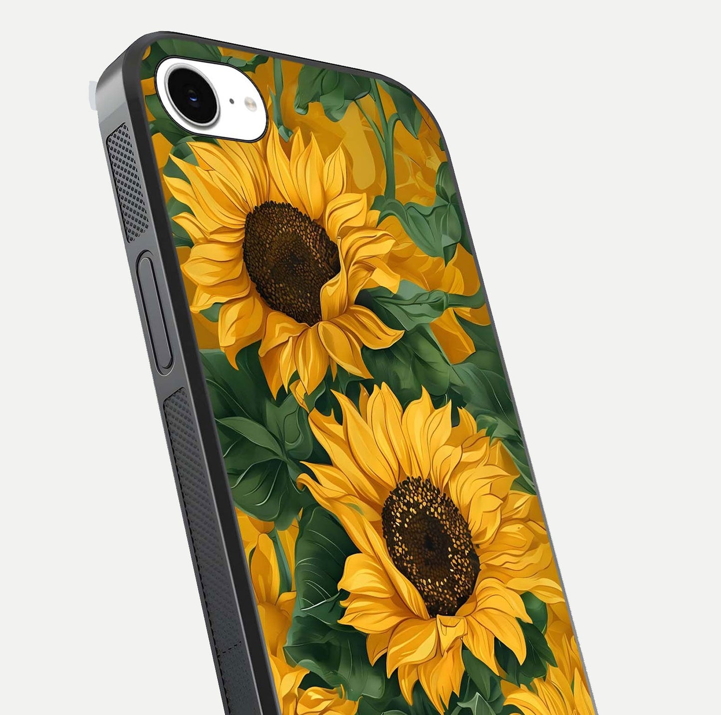 Bright Sunflower Bloom Glass Case for iPhone 16e close-up image highlighting yellow petal detail and HD reflection